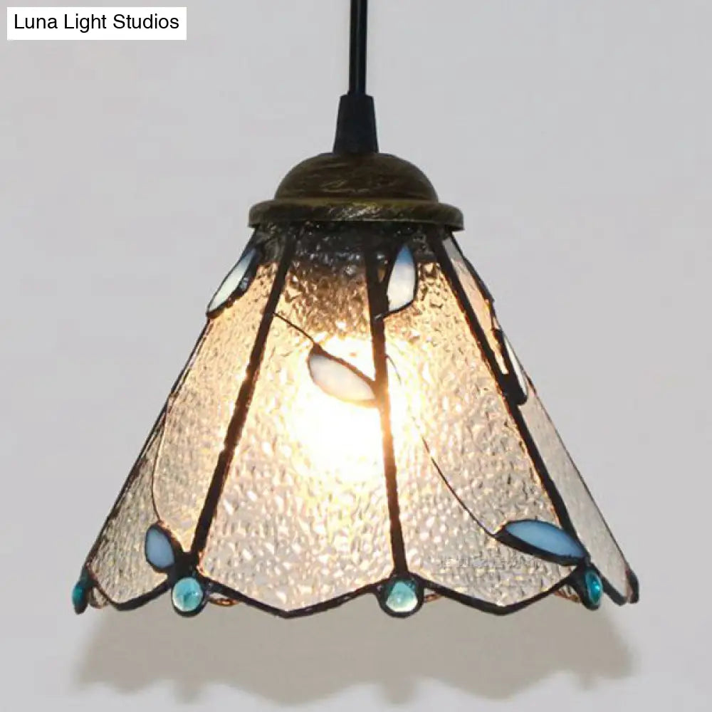 Blue & Clear Glass Tiffany Conical Pendant Light - Dining Room Ceiling Suspension Lamp
