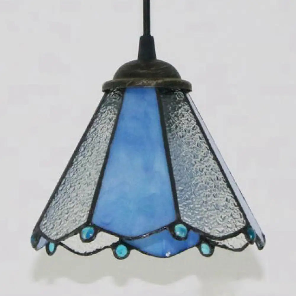 Blue & Clear Glass Tiffany Conical Pendant Light - Dining Room Ceiling Suspension Lamp Blue-Clear