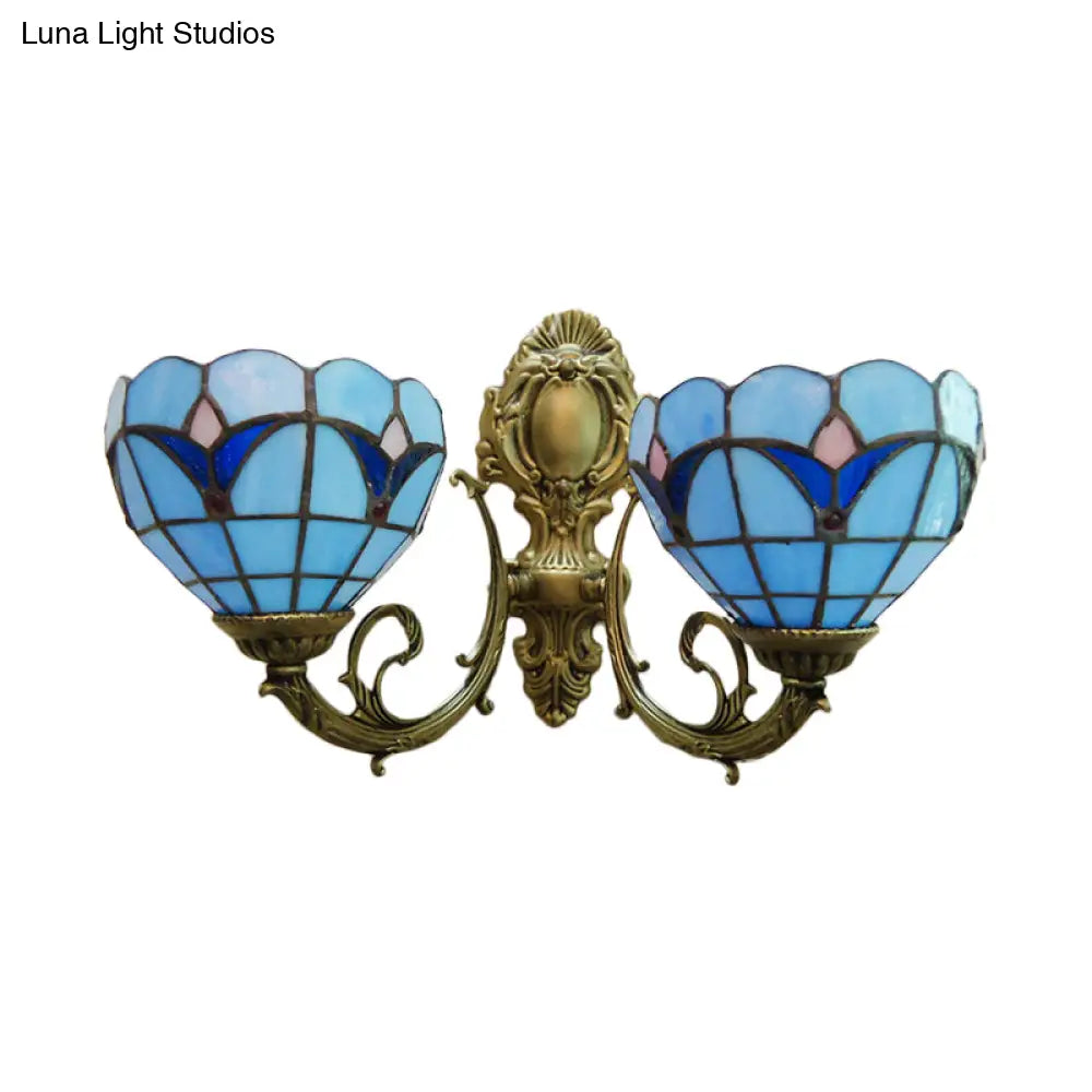 Blue/Clear Stained Glass Bowl Wall Sconce Traditional Tiffany Lighting For Study Room 2 Lights