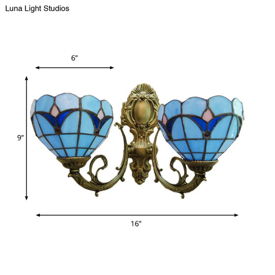 Blue/Clear Stained Glass Bowl Wall Sconce Traditional Tiffany Lighting For Study Room 2 Lights