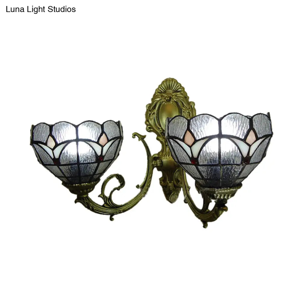 Blue/Clear Stained Glass Bowl Wall Sconce Traditional Tiffany Lighting For Study Room 2 Lights