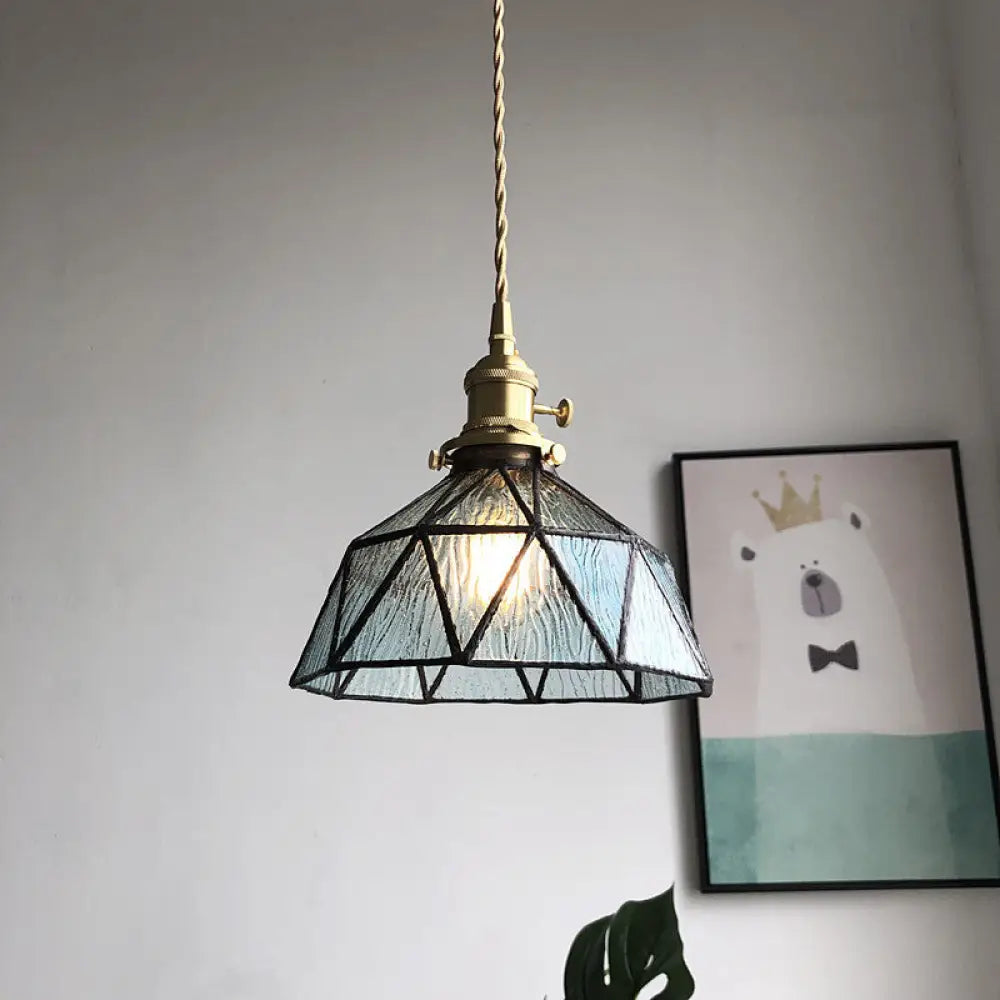 Blue/Clear Textured Glass Pendant With Brass Accents - Country Style Hanging Ceiling Light Blue