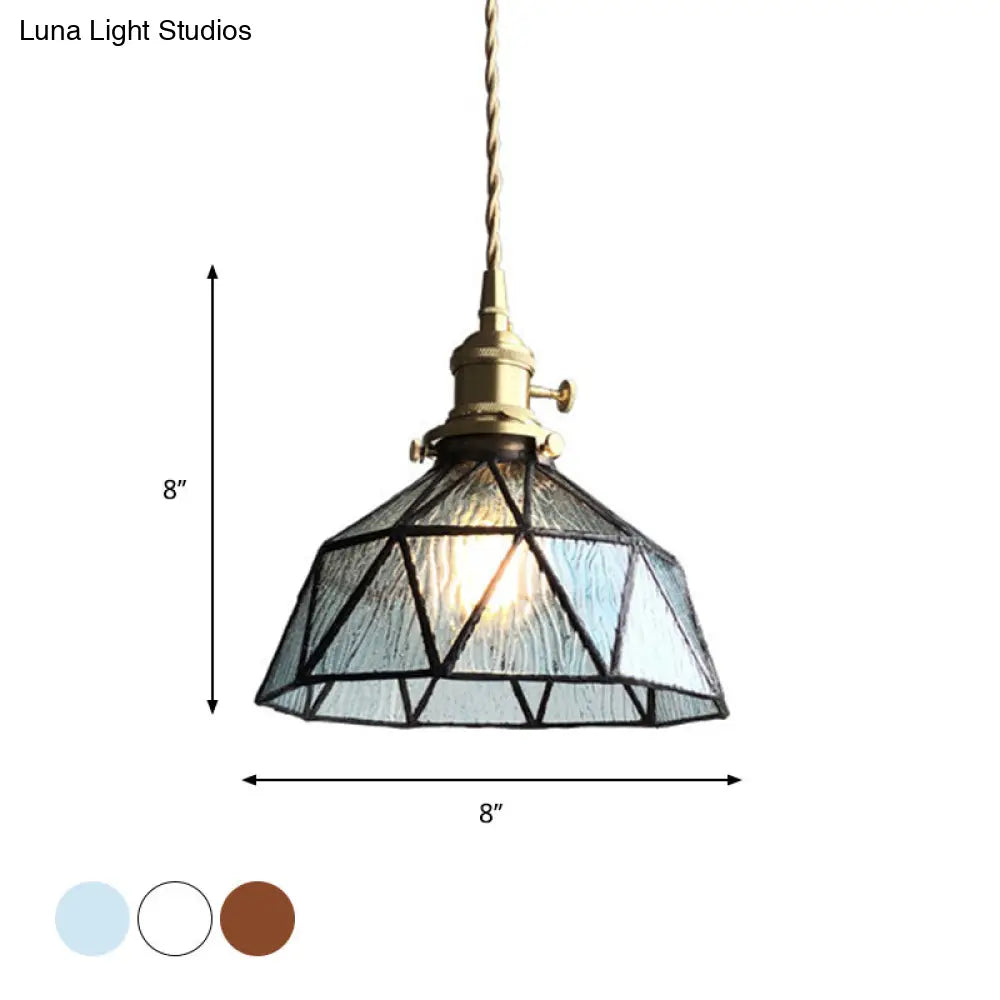 Blue/Clear Textured Glass Pendant - Faceted Barn Shaped 1 Light Country Style Ceiling