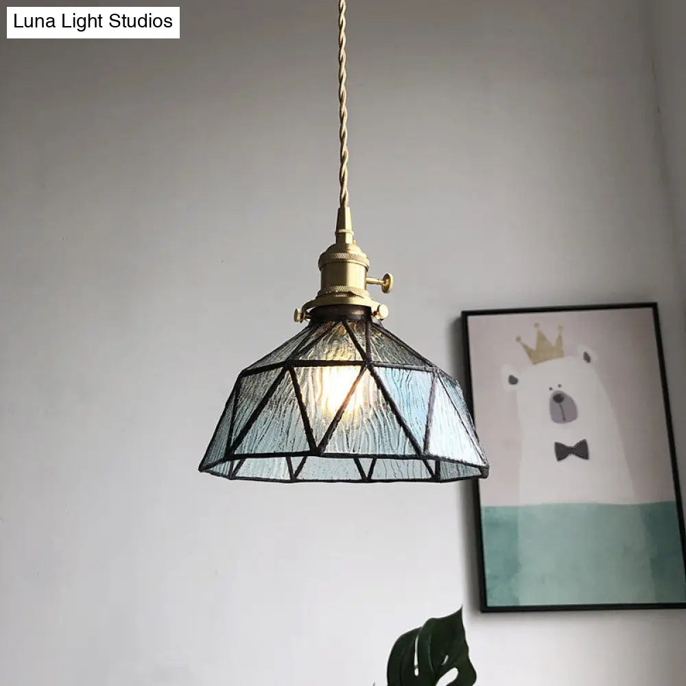 Blue/Clear Textured Glass Pendant - Faceted Barn Shaped 1 Light Country Style Ceiling Blue