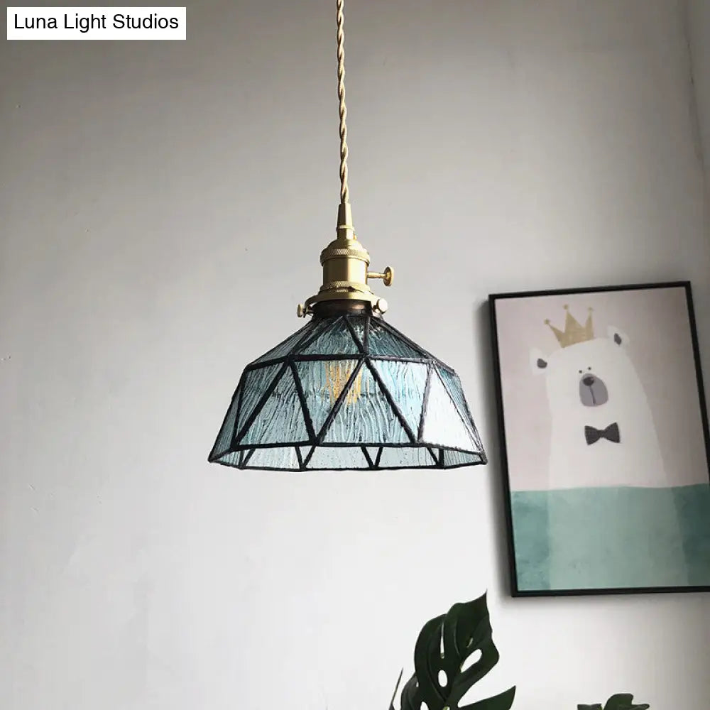 Blue/Clear Textured Glass Pendant With Brass Accents - Country Style Hanging Ceiling Light