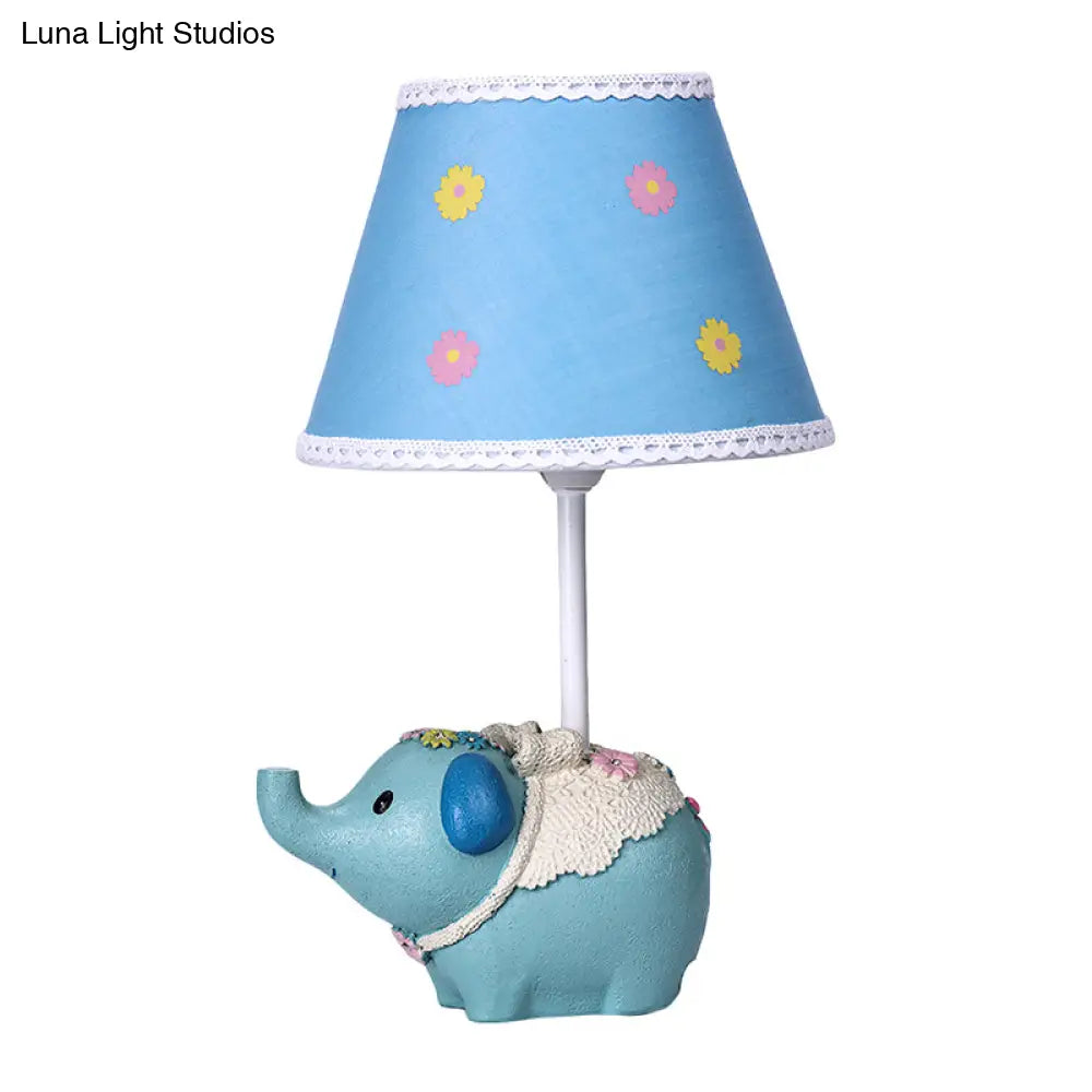 Blue Cone Desk Light With Flower Pattern - Kids Fabric Table Lamp Elephant Base