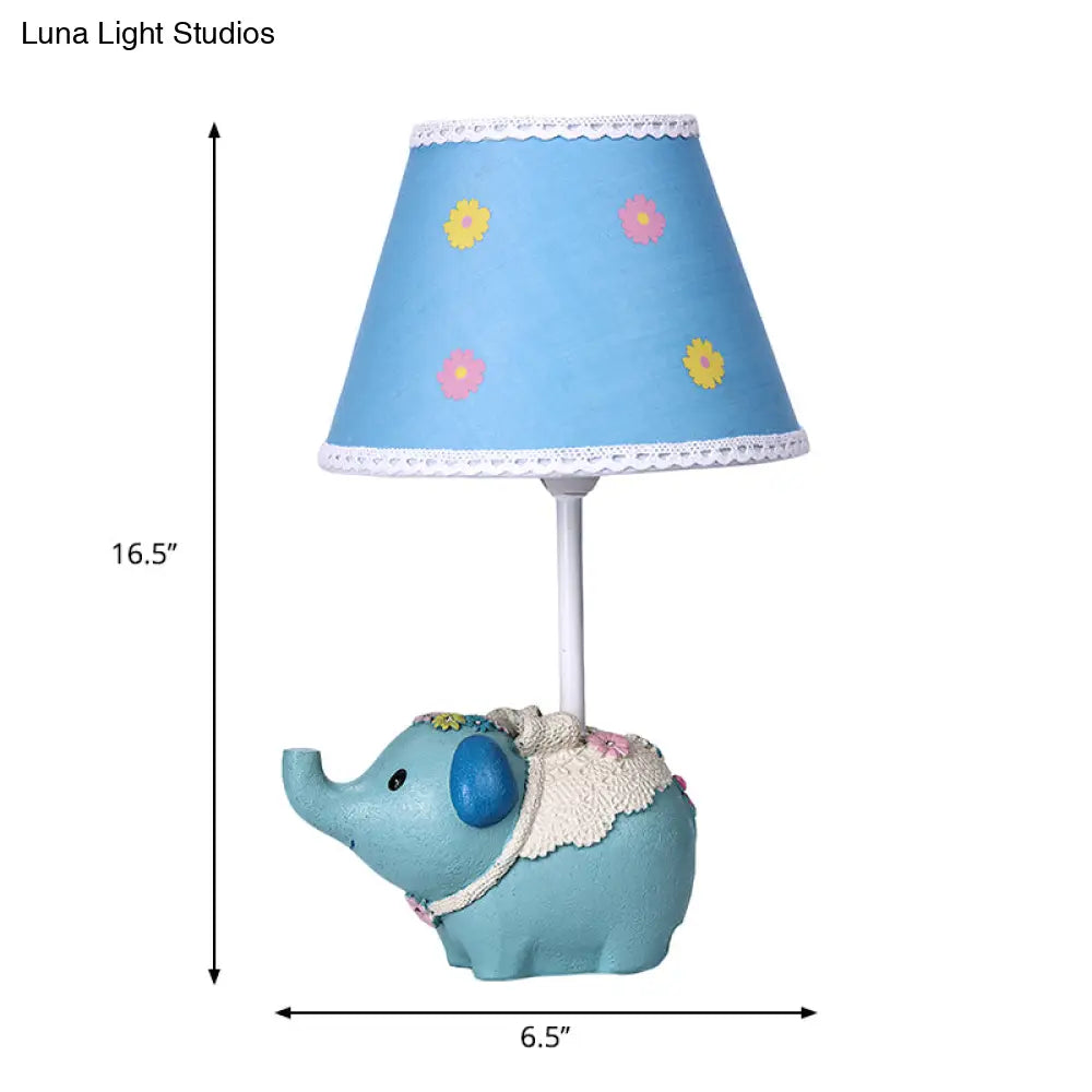 Blue Cone Desk Light With Flower Pattern - Kids Fabric Table Lamp Elephant Base