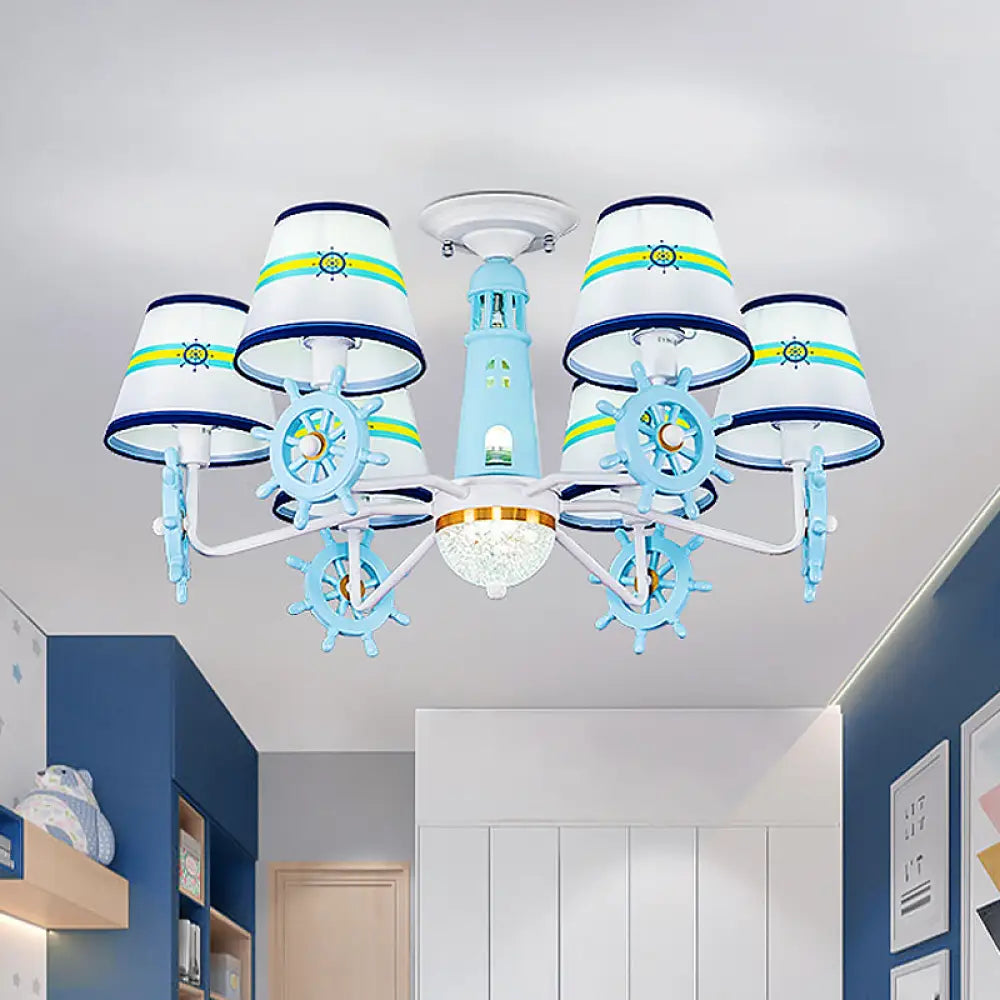 Blue Cone Shade Fabric Chandelier - Kid’s 6-Light Semi Flush Ceiling Mount With Playful Rudder