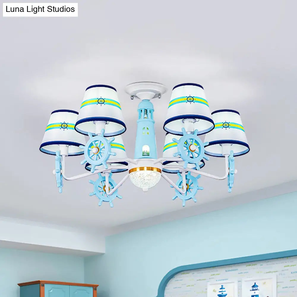 Blue Cone Shade Fabric Chandelier - Kid’s 6-Light Semi Flush Ceiling Mount With Playful Rudder