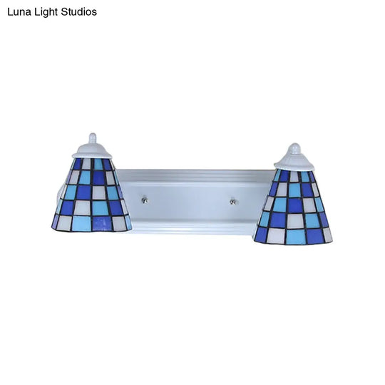 Blue Conical Glass Wall Sconce With Grid Pattern And 2 Heads - Baroque Style