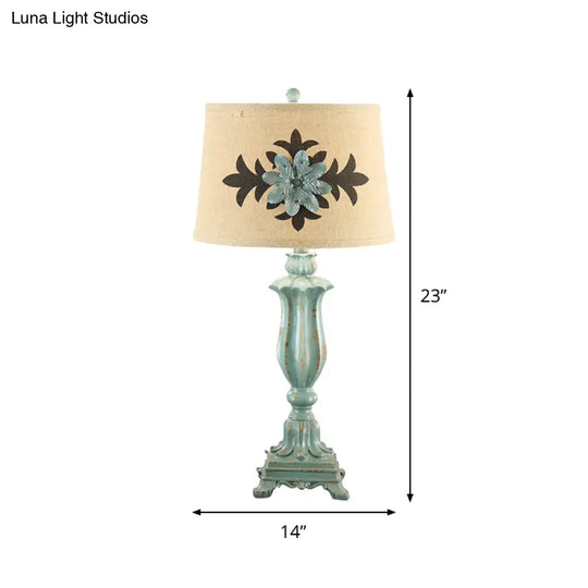 Blue Countryside Flower Patterned Table Lamp With Single-Bulb And Round Fabric Shade