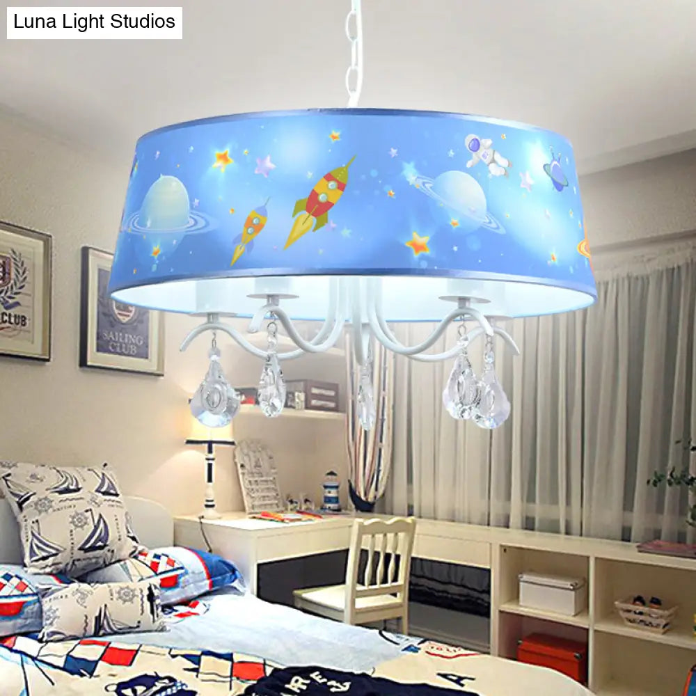 Blue Creative Planet & Rocket Hanging Pendant Chandelier With Clear Crystal For Baby Room