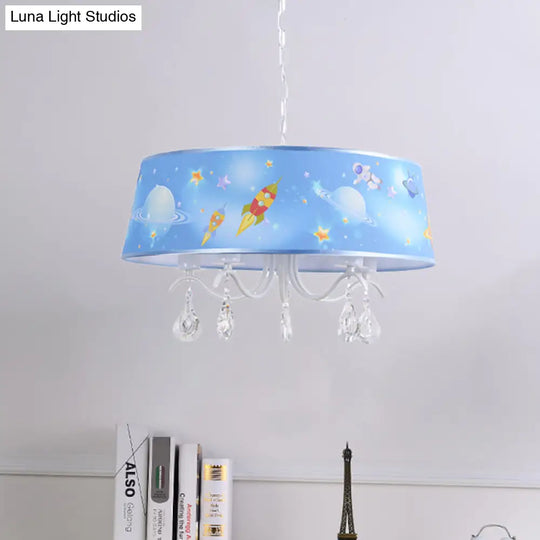 Blue Creative Planet & Rocket Hanging Pendant Chandelier With Clear Crystal For Baby Room