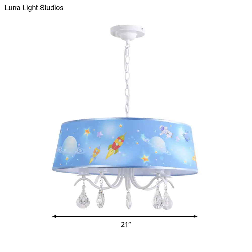 Blue Creative Planet & Rocket Hanging Pendant Chandelier With Clear Crystal For Baby Room