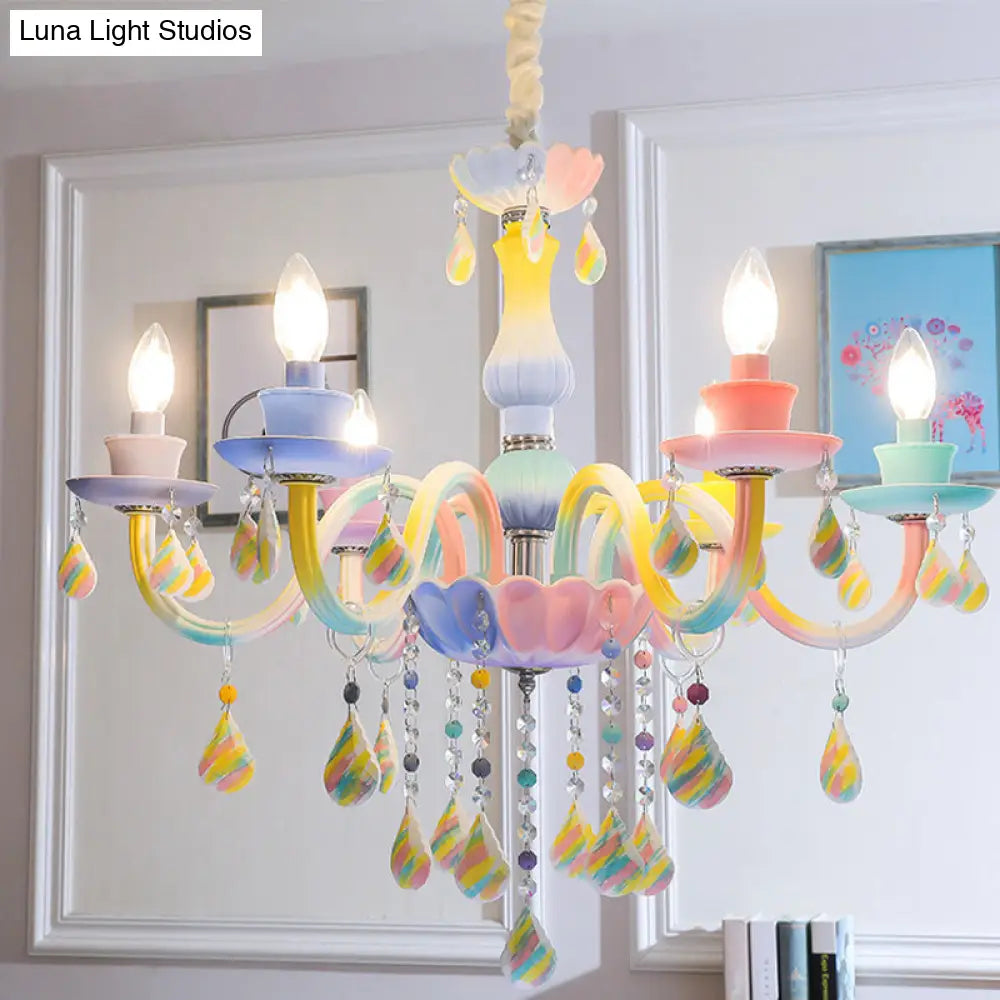 Blue Crystal Arm Pendant Chandelier For Kids - Elegant 6 Head Hanging Light With Curvy Design