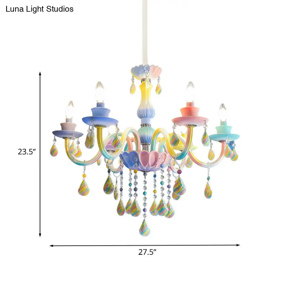 Blue Crystal Arm Pendant Chandelier For Kids - Elegant 6 Head Hanging Light With Curvy Design