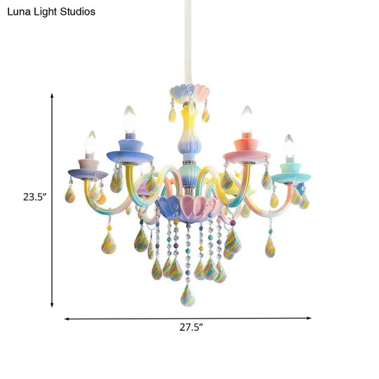 Blue Crystal Arm Pendant Chandelier For Kids - Elegant 6 Head Hanging Light With Curvy Design