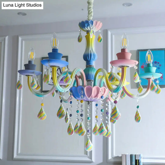 Blue Crystal Arm Pendant Chandelier For Kids - Elegant 6 Head Hanging Light With Curvy Design