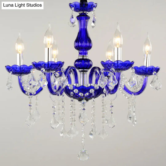 Blue Crystal Ceiling Chandelier - 6-Bulb Modern Candle/Bell Pendant Light With/Without Fabric Shade