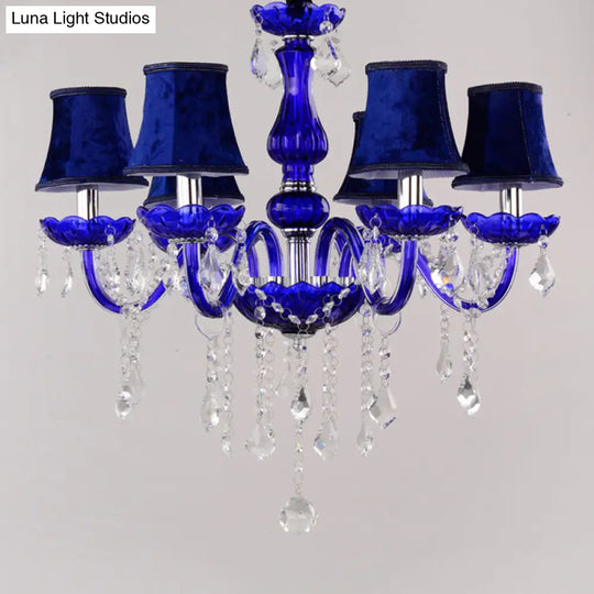 Modern Blue Crystal Chandelier With 6 Bulbs Candle/Bell Design And Optional Fabric Shade