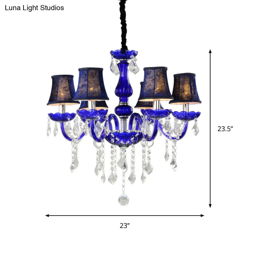 Blue Crystal Ceiling Chandelier - 6-Bulb Modern Candle/Bell Pendant Light With/Without Fabric Shade