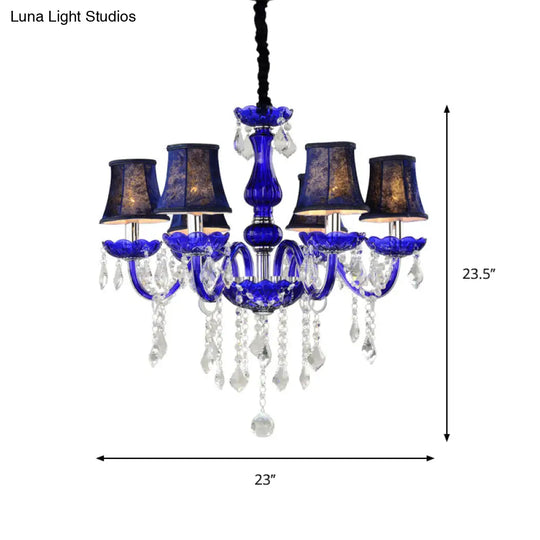 Blue Crystal Ceiling Chandelier - 6-Bulb Modern Candle/Bell Pendant Light With/Without Fabric Shade