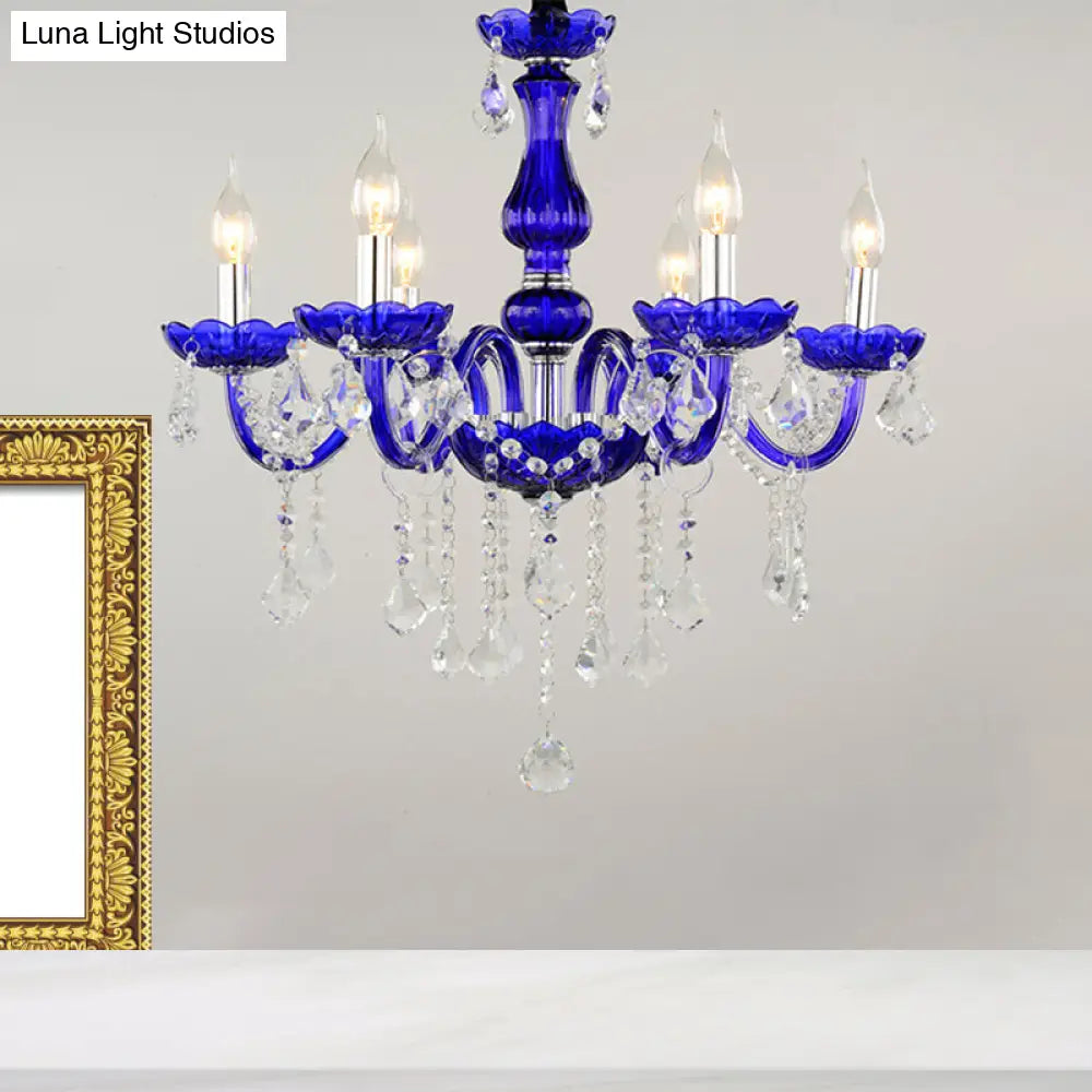 Modern Blue Crystal Chandelier With 6 Bulbs Candle/Bell Design And Optional Fabric Shade