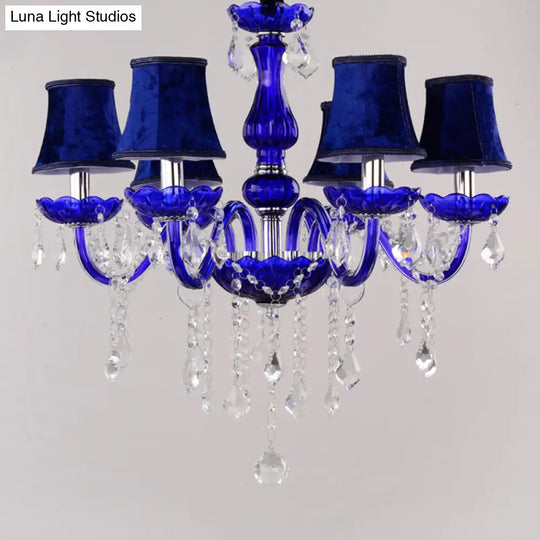 Blue Crystal Ceiling Chandelier - 6-Bulb Modern Candle/Bell Pendant Light With/Without Fabric Shade