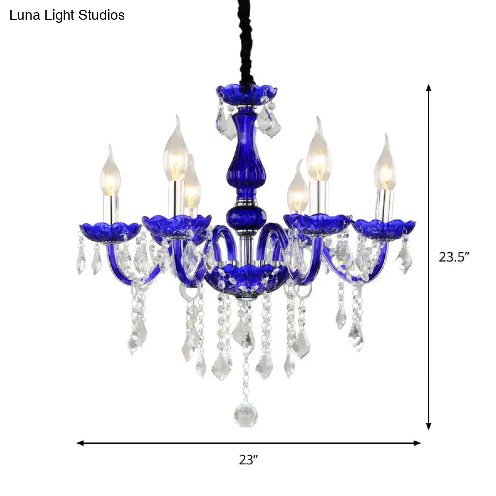 Blue Crystal Ceiling Chandelier - 6-Bulb Modern Candle/Bell Pendant Light With/Without Fabric Shade