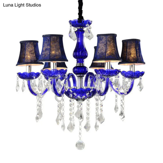 Modern Blue Crystal Chandelier With 6 Bulbs Candle/Bell Design And Optional Fabric Shade