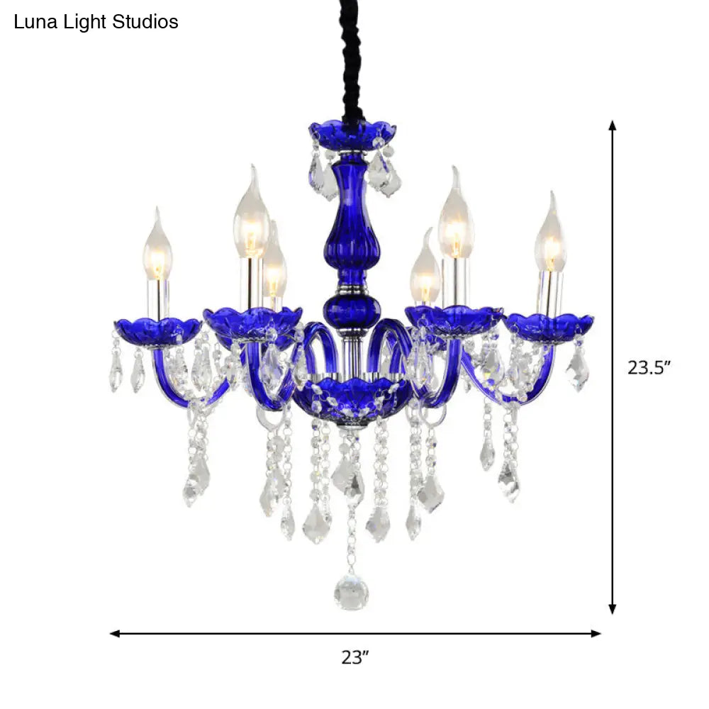 Modern Blue Crystal Chandelier With 6 Bulbs Candle/Bell Design And Optional Fabric Shade