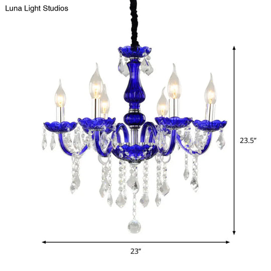 Modern Blue Crystal Chandelier With 6 Bulbs Candle/Bell Design And Optional Fabric Shade