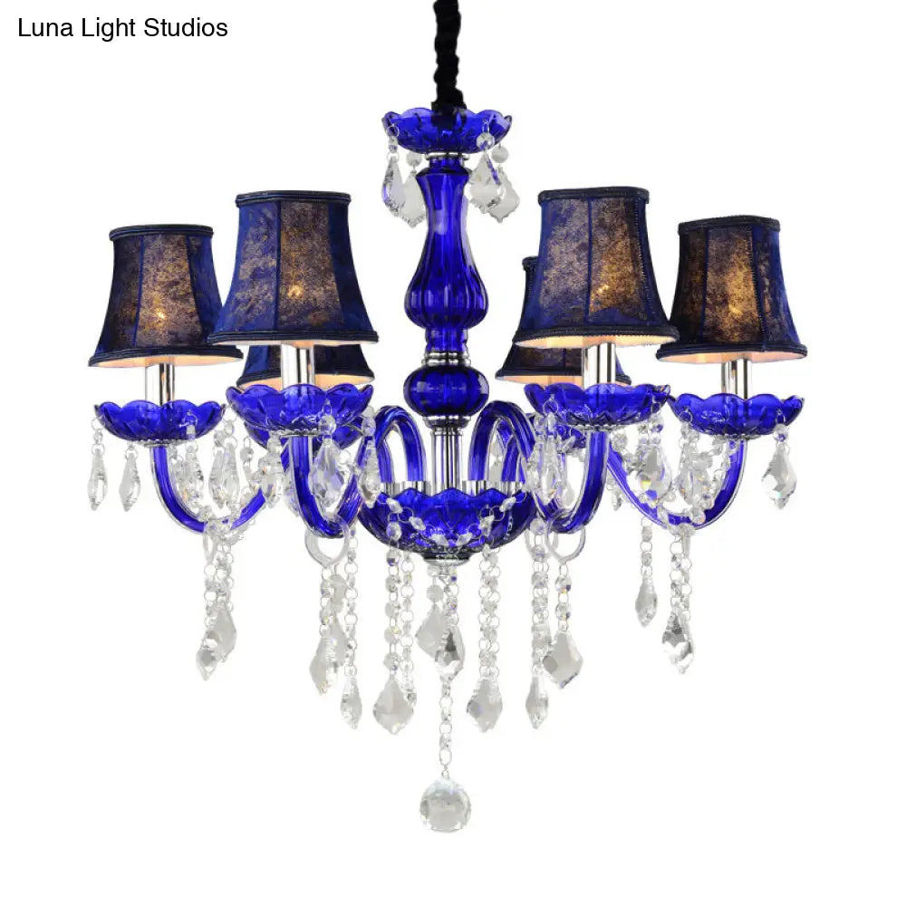 Blue Crystal Ceiling Chandelier - 6-Bulb Modern Candle/Bell Pendant Light With/Without Fabric Shade