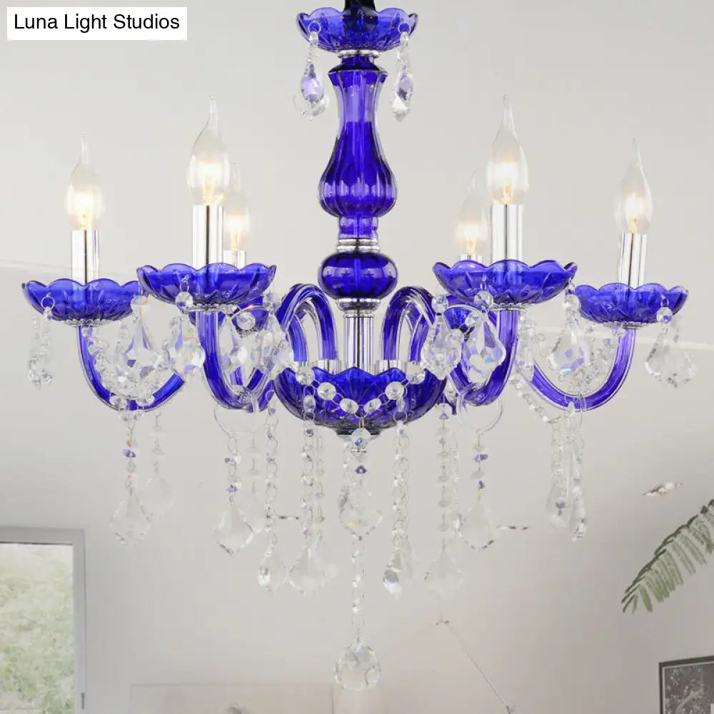 Modern Blue Crystal Chandelier With 6 Bulbs Candle/Bell Design And Optional Fabric Shade / Shadeless