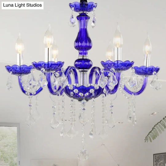 Modern Blue Crystal Chandelier With 6 Bulbs Candle/Bell Design And Optional Fabric Shade / Shadeless