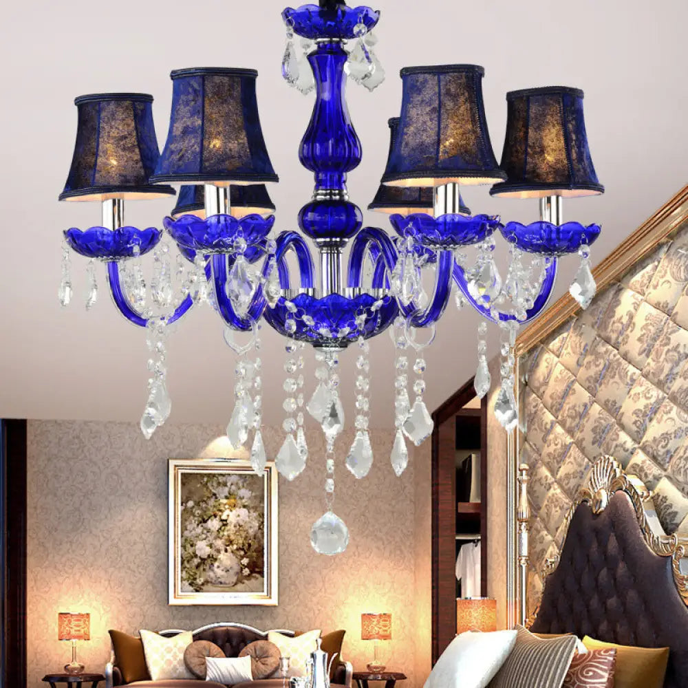 Blue Crystal Ceiling Chandelier - 6-Bulb Modern Candle/Bell Pendant Light With/Without Fabric Shade