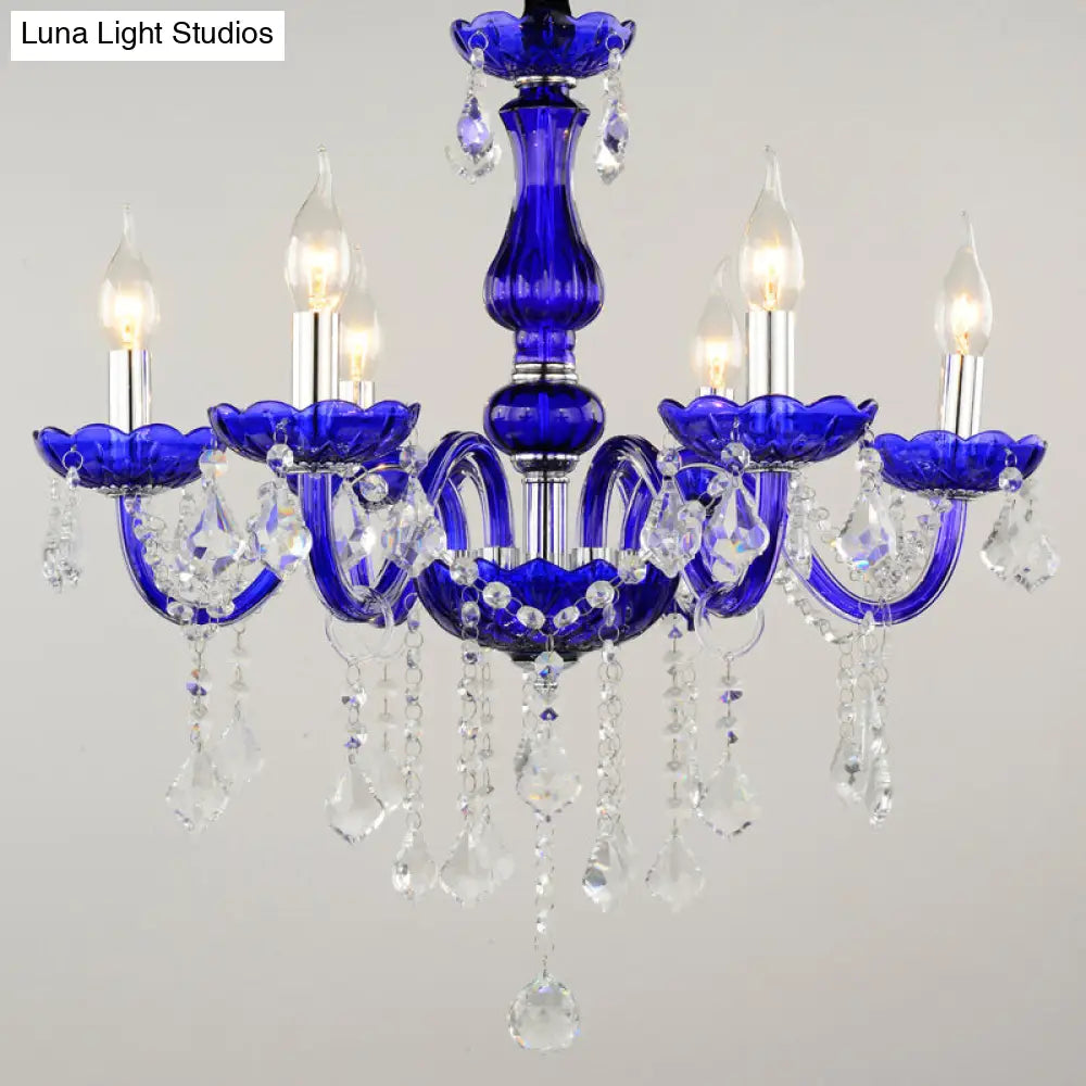 Modern Blue Crystal Chandelier With 6 Bulbs Candle/Bell Design And Optional Fabric Shade