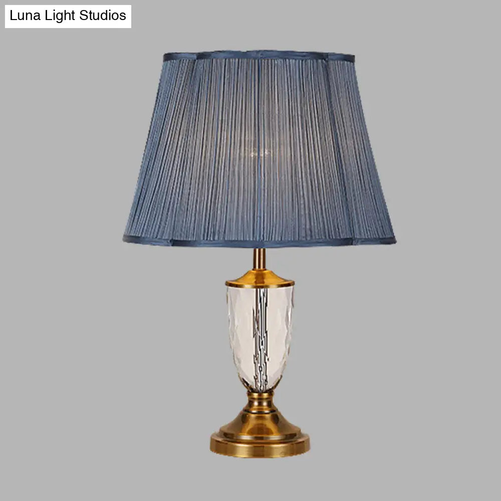 Blue Crystal Nightstand Lamp With Pleated Shade - Rural Style Bedroom Table Light