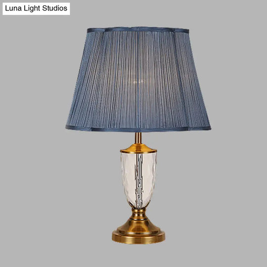 Blue Crystal Nightstand Lamp With Pleated Shade - Rural Style Bedroom Table Light