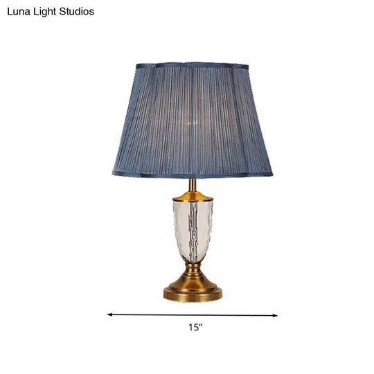 Blue Crystal Nightstand Lamp With Pleated Shade - Rural Style Bedroom Table Light