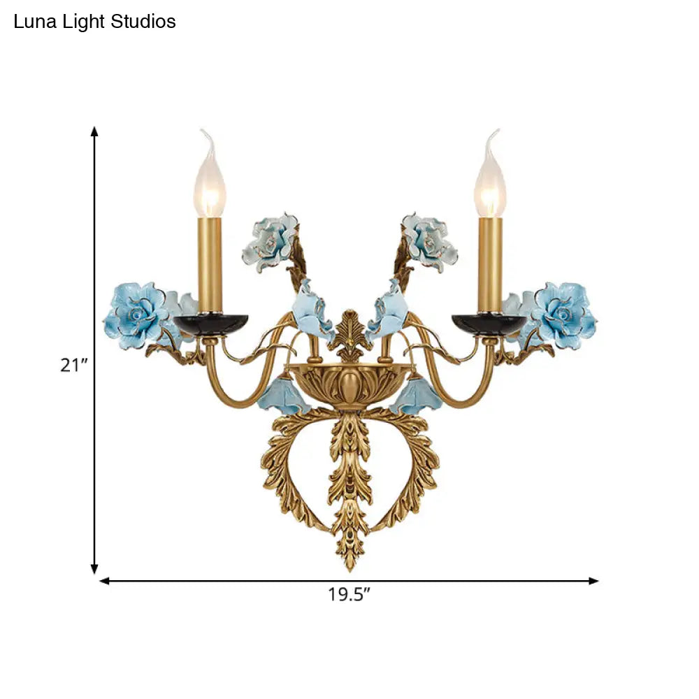 Blue Curved Arm Wall Light Fixture - Countryside Metal 2 Lights With/Without Shade