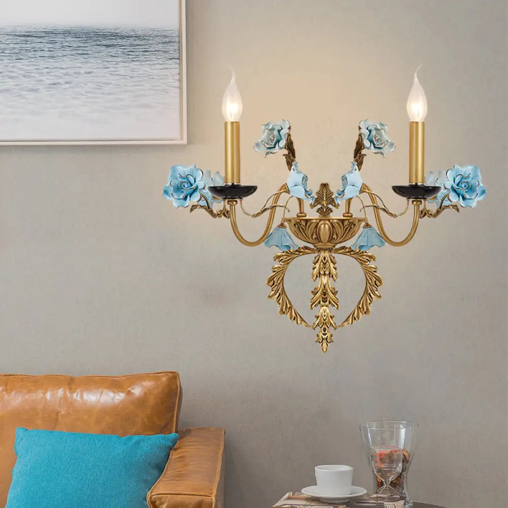 Blue Curved Arm Wall Light Fixture - Countryside Metal 2 Lights With/Without Shade / Shadeless