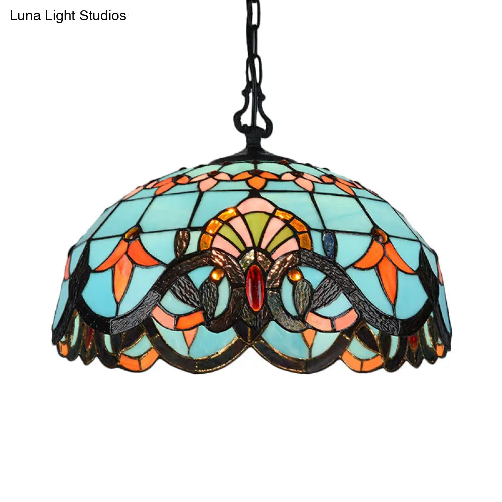 Blue Cut Glass Pendant Light Kit - Domed Mediterranean Suspension Fixture 12/16 Width 1