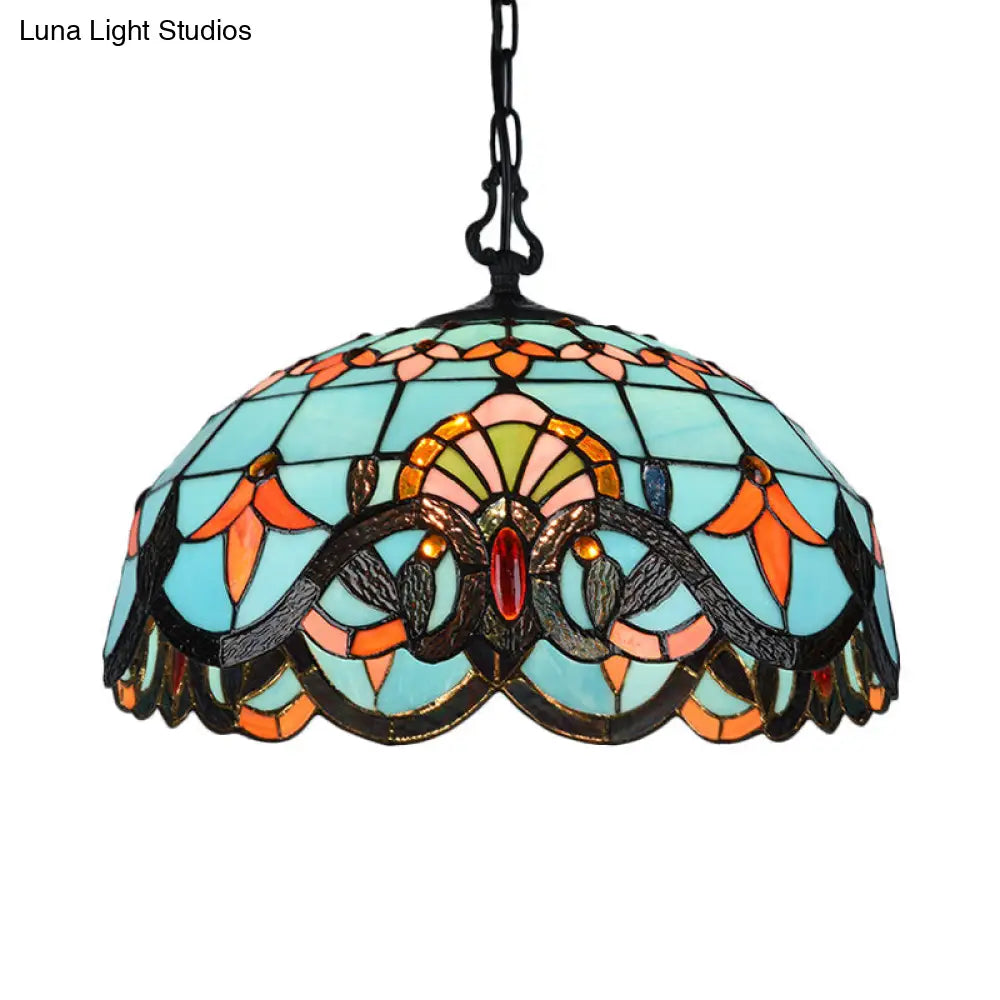 Blue Cut Glass Pendant Light Kit - 12’/16’ W Domed 1 Mediterranean Style