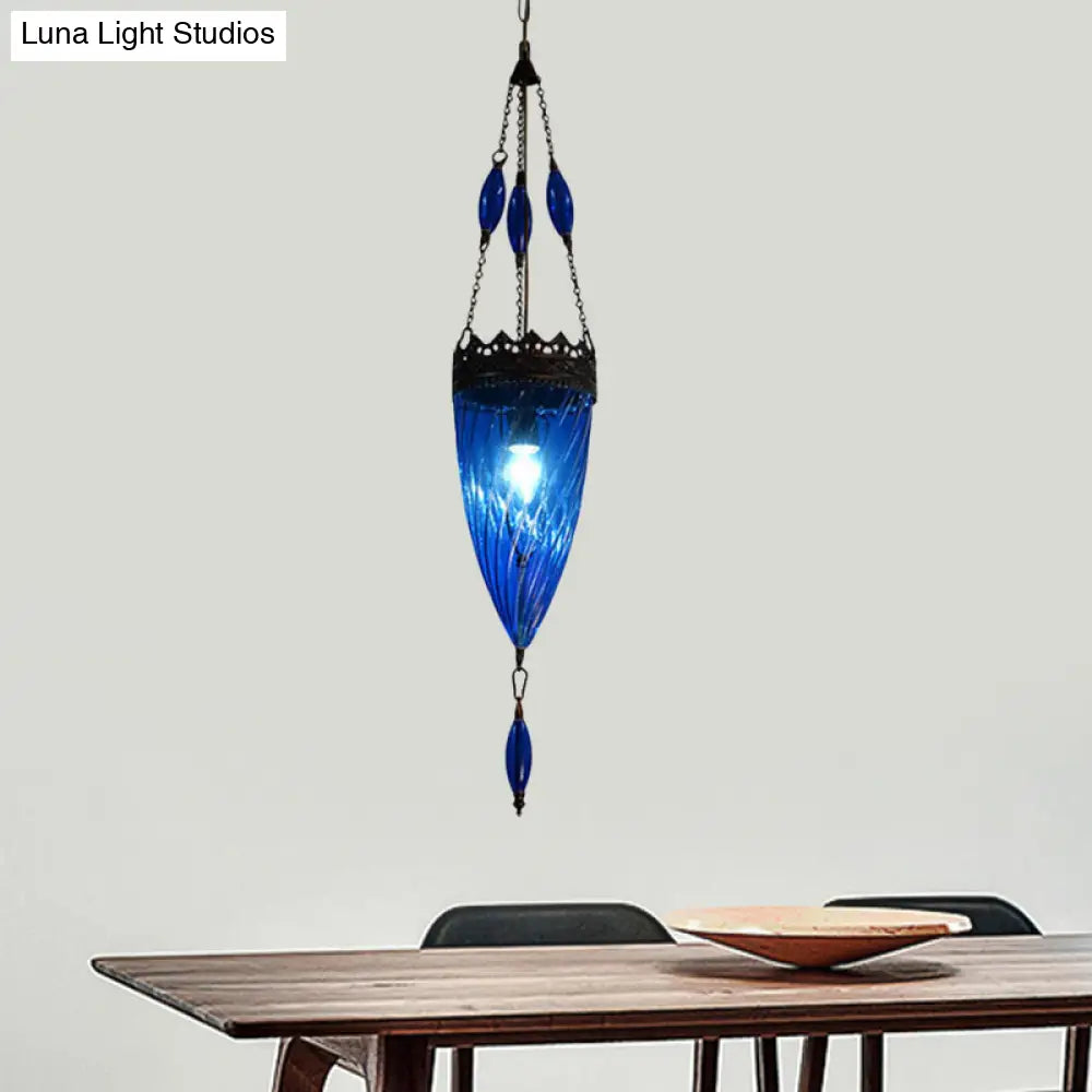 Blue Cyclone Glass Hanging Lamp: Mid Century Conical Pendant Light With Copper Top For Bedroom