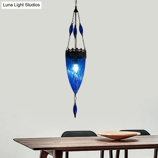 Blue Cyclone Glass Hanging Lamp: Mid Century Conical Pendant Light With Copper Top For Bedroom