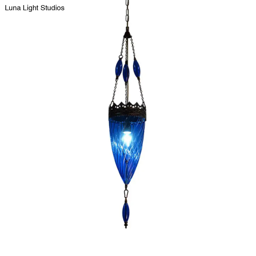 Blue Cyclone Glass Hanging Lamp: Mid Century Conical Pendant Light With Copper Top For Bedroom