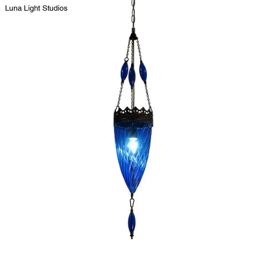 Blue Cyclone Glass Hanging Lamp: Mid Century Conical Pendant Light With Copper Top For Bedroom