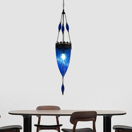 Blue Cyclone Glass Hanging Lamp: Mid Century Conical Pendant Light With Copper Top For Bedroom