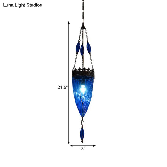 Blue Cyclone Glass Hanging Lamp: Mid Century Conical Pendant Light With Copper Top For Bedroom